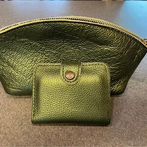 Portland Leather makeup bag and bifold wallet matching metallic greench